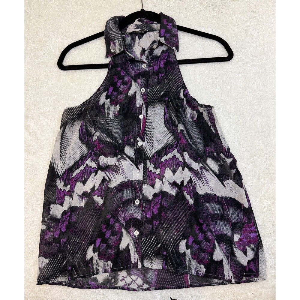 Women's Guess Top Sleeveless Multicolor Sheer Collared Button Up Blouse Size XS